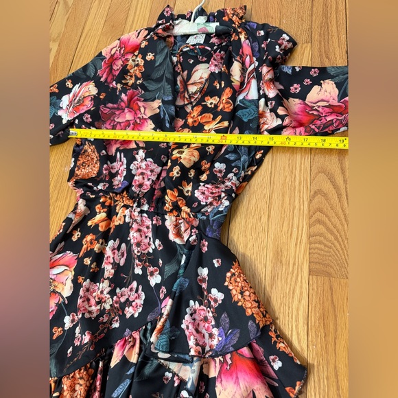 Torn Boston Proper Floral Wrap Mini Dress in Black with Pink & Orange Blooms XS - Picture 9 of 14